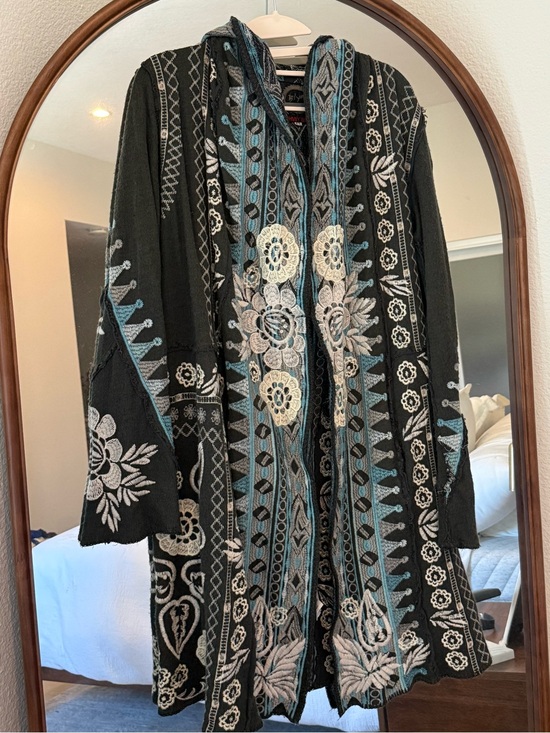Johnny Was Jackets & Blazers - Johnny Was Biya Coat Gray Embroidered Floral Hooded Cardigan with Teal Accents
